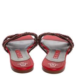 Pre Owned حذاء سلايد فات جينا جلد أحمر مزخرف كريستال مقاس 38.5