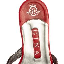 Pre Owned حذاء سلايد فات جينا جلد أحمر مزخرف كريستال مقاس 38.5