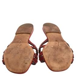 Pre Owned حذاء سلايد فات جينا جلد أحمر مزخرف كريستال مقاس 38.5