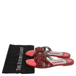 Pre Owned حذاء سلايد فات جينا جلد أحمر مزخرف كريستال مقاس 38.5