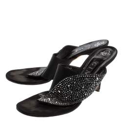 Gina Black Satin Crystal Embellished Thong Sandals Size 40