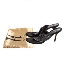 Gina Black Satin Crystal Embellished Thong Sandals Size 40