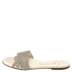 Pre Owned Gina White Leather Crystal Embellished Thong Flat Slides Size 40.5