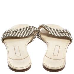Pre Owned Gina White Leather Crystal Embellished Thong Flat Slides Size 40.5