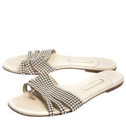 Pre Owned Gina White Leather Crystal Embellished Thong Flat Slides Size 40.5