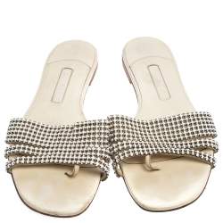 Pre Owned Gina White Leather Crystal Embellished Thong Flat Slides Size 40.5