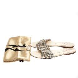 Pre Owned Gina White Leather Crystal Embellished Thong Flat Slides Size 40.5