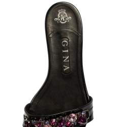 Pre Owned Gina Black Leather Crystal Embellished Flat Slides Size 40