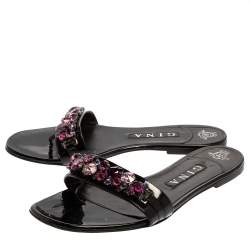 Pre Owned Gina Black Leather Crystal Embellished Flat Slides Size 40