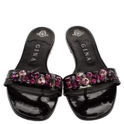 Pre Owned Gina Black Leather Crystal Embellished Flat Slides Size 40
