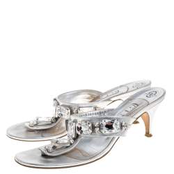 Gina Silver Crystal Embellished Thong Sandals Size 40