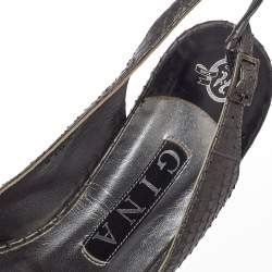 Pre Owned صندل جينا جيما مقدمة مفتوحة نعل سميك فتحة كعب جلد ثعبان ميتاليك مقاس 38