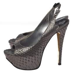 Pre Owned صندل جينا جيما مقدمة مفتوحة نعل سميك فتحة كعب جلد ثعبان ميتاليك مقاس 38