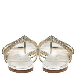 Pre Owned صندل إصبع جينا جلد فضي مزخرف كريستال مقاس 41