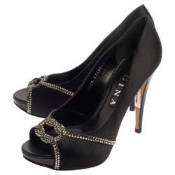 Gina Black Satin Crystal Embellished Platform Peep Toe Pumps Size 40.5