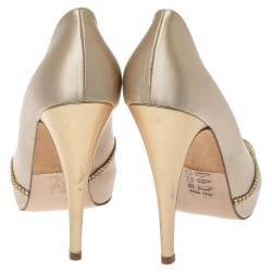Gina Beige Satin Crystal Embellished Peep Toe Pumps Size 40
