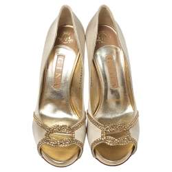 Gina Beige Satin Crystal Embellished Peep Toe Pumps Size 40
