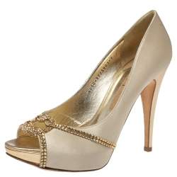 Gina Beige Satin Crystal Embellished Peep Toe Pumps Size 40