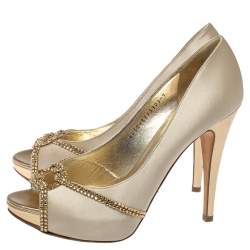 Gina Beige Satin Crystal Embellished Peep Toe Pumps Size 40