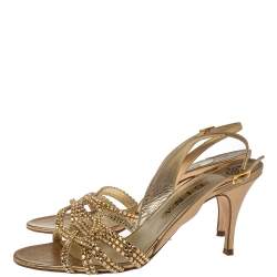 Pre Owned Gina Metallic Gold Leather Crystal Embellished Slingback Sandals Size 41