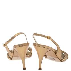 Pre Owned Gina Metallic Gold Leather Crystal Embellished Slingback Sandals Size 41