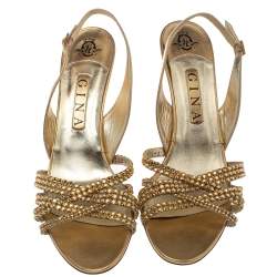 Pre Owned Gina Metallic Gold Leather Crystal Embellished Slingback Sandals Size 41