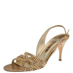 Pre Owned Gina Metallic Gold Leather Crystal Embellished Slingback Sandals Size 41