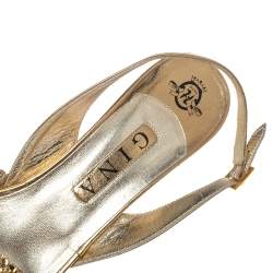 Pre Owned Gina Metallic Gold Leather Crystal Embellished Slingback Sandals Size 41