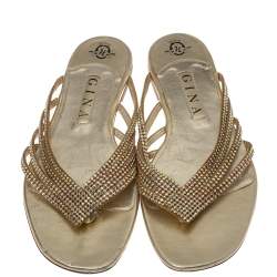 Gina Metallic Gold Leather Embellished Thong Flats Size 41