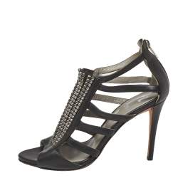 Pre Owned Gina Black Leather Crystal Embellished Sandals Size 37.5