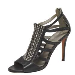 Pre Owned Gina Black Leather Crystal Embellished Sandals Size 37.5