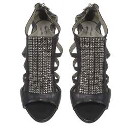 Pre Owned Gina Black Leather Crystal Embellished Sandals Size 37.5