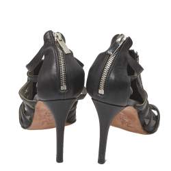 Pre Owned Gina Black Leather Crystal Embellished Sandals Size 37.5