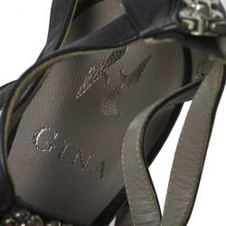 Pre Owned Gina Black Leather Crystal Embellished Sandals Size 37.5