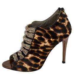 Pre Owned Gina Brown Leopard Print Calf Hair Embellished Sandals Size 37.5