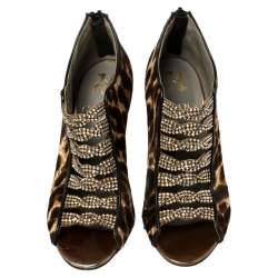 Pre Owned Gina Brown Leopard Print Calf Hair Embellished Sandals Size 37.5