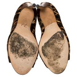 Pre Owned Gina Brown Leopard Print Calf Hair Embellished Sandals Size 37.5