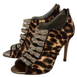 Pre Owned Gina Brown Leopard Print Calf Hair Embellished Sandals Size 37.5