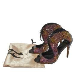 Pre Owned Gina Metallic Black Leather Crystal Embellished Cut Out Peep Toe Sandals Size 37.5