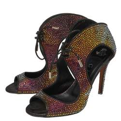 Pre Owned Gina Metallic Black Leather Crystal Embellished Cut Out Peep Toe Sandals Size 37.5