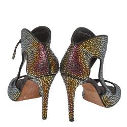 Pre Owned Gina Metallic Black Leather Crystal Embellished Cut Out Peep Toe Sandals Size 37.5