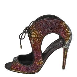 Pre Owned Gina Metallic Black Leather Crystal Embellished Cut Out Peep Toe Sandals Size 37.5