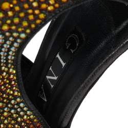 Pre Owned Gina Metallic Black Leather Crystal Embellished Cut Out Peep Toe Sandals Size 37.5