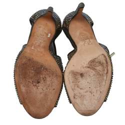 Pre Owned Gina Metallic Black Leather Crystal Embellished Cut Out Peep Toe Sandals Size 37.5