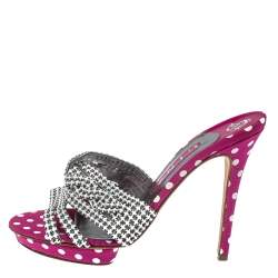 Pre Owned Gina Pink Crystal Embellished Polka Dot Fabric Slide Sandals Size 39