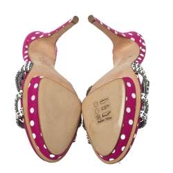 Pre Owned Gina Pink Crystal Embellished Polka Dot Fabric Slide Sandals Size 39