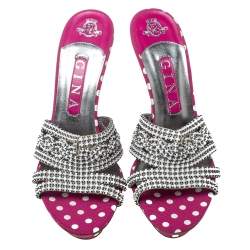 Pre Owned Gina Pink Crystal Embellished Polka Dot Fabric Slide Sandals Size 39