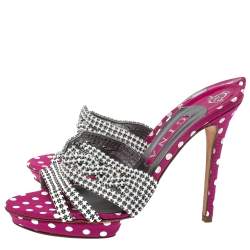 Pre Owned Gina Pink Crystal Embellished Polka Dot Fabric Slide Sandals Size 39
