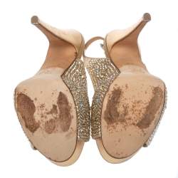 Gina Beige Satin Crystal Embellished Platform Peep Toe Slingback Sandals Size 37