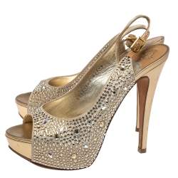 Gina Beige Satin Crystal Embellished Platform Peep Toe Slingback Sandals Size 37